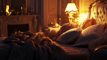 A cozy bedroom scene featuring a beautifully made bed, soft blankets, elegant cushions, and warm lighting, creating a serene and inviting atmosphere.の素材