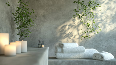 A tranquil spa interior featuring soft towels, flickering candles, and lush plants, perfect for relaxation and rejuvenation in a serene setting.の素材