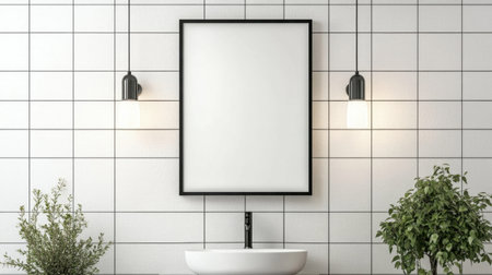 A minimalist bathroom featuring a sleek sink, a wall-mounted mirror, and stylish lighting. The design emphasizes simplicity and elegance with natural elements.の素材