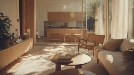 Bright and inviting modern living room featuring minimalist design, wood furniture, and soothing natural light, perfect for relaxation and comfort.の素材