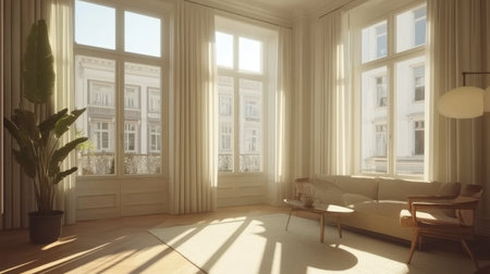 A cozy living room bathed in soft sunlight, featuring large windows, elegant curtains, and a thriving green plant. Ideal for modern decor themes.の素材