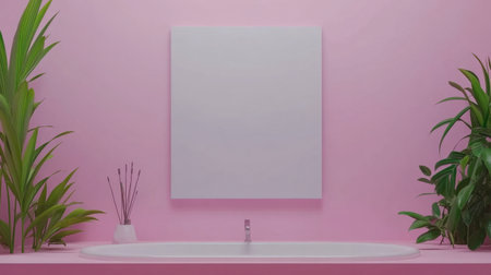 A sleek and modern bathroom featuring a pink backdrop, lush plants, and a freestanding tub. Ideal for projects focusing on relaxation and contemporary design.の素材