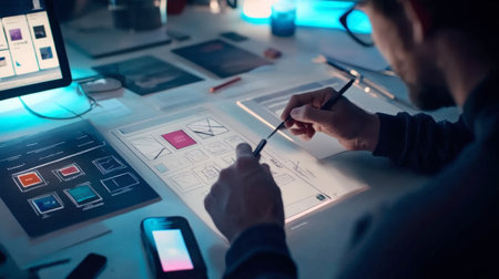 A designer engages in creative work at a modern workspace, sketching ideas and mockups while surrounded by design tools and technology, capturing the essence of innovation.の素材