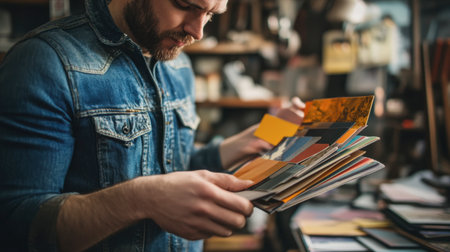 A focused man is examining a stack of colorful samples in a creative studio. This image captures the essence of artistic exploration and design decision-making.の素材