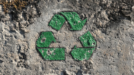 A vibrant green recycling symbol painted on a weathered wall, highlighting themes of sustainability and environmental awareness in an urban setting.の素材