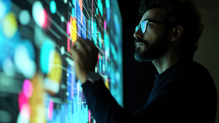 A focused man interacts with a vibrant digital data visualization, blending technology and creativity in a modern workspace. Ideal for innovative concepts.の素材