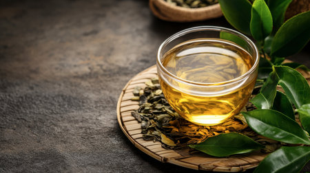 A refreshing cup of green tea placed on a rustic surface, surrounded by fresh leaves. Ideal for wellness and relaxation themes, with a natural ambiance.の素材