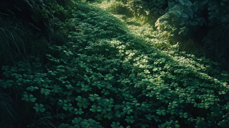 A tranquil green meadow filled with clover, illuminated by soft sunlight. This serene scene captures the beauty of nature and reflects peaceful outdoor vibes.の素材