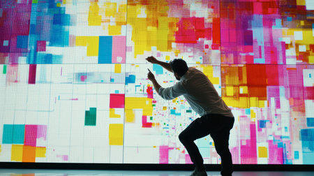 A person interacts with a vibrant digital display, showcasing abstract art. The motion and colorful backdrop create an energetic and engaging atmosphere.の素材