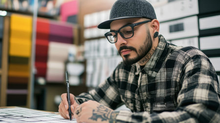 A focused young man engages in creative work at a design studio. Surrounded by colorful materials, he expresses his unique style through sketching and detail.の素材