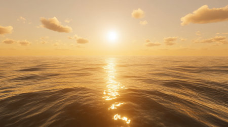 Experience the beauty of a serene sunset over calm ocean waters, where golden light reflects gently on the surface, creating a tranquil atmosphere.の素材