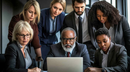 A diverse team of professionals collaborates on a project in a modern office. They engage with each other and technology, showcasing teamwork and focus.の素材