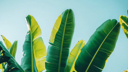Lush green tropical leaves reach towards a clear blue sky, creating an inviting atmosphere of freshness and tranquility, ideal for nature-themed projects.の素材