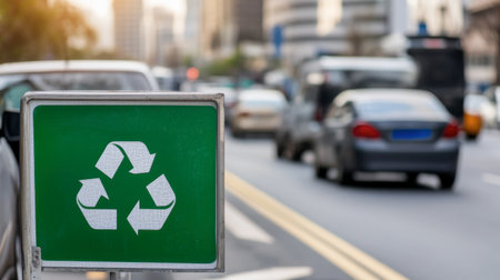 A recycling symbol on a street sign surrounded by traffic highlights the importance of environmental awareness in urban spaces and sustainable practices.の素材