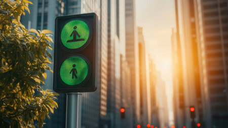 Bright green pedestrian light signals safe crossing in a bustling urban area at sunset, highlighting the importance of pedestrian safety in city landscapes.の素材