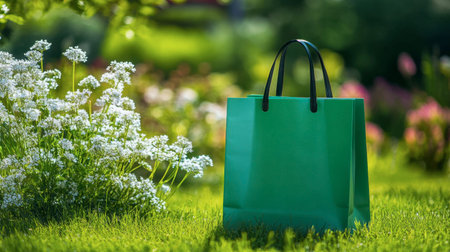 A vibrant green shopping bag rests on lush grass, surrounded by blooming flowers in a serene garden. Perfect for eco-friendly themes and outdoor leisure.の素材