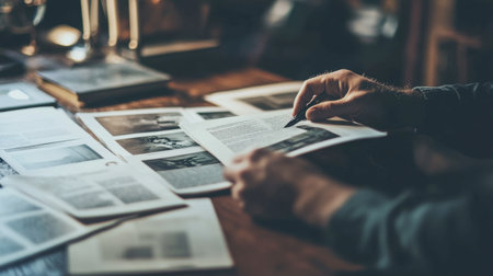 A close-up of hands reviewing printed documents on a wooden table in a cozy workspace, capturing the essence of focus, research, and professional activity.の素材