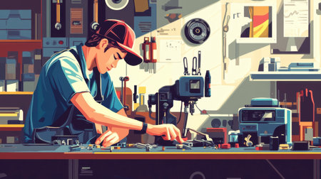 A focused craftsman is engaged in detailed work at a workshop, surrounded by various tools and materials. This image captures creativity and dedication.の素材