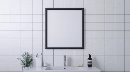 A minimalist bathroom scene featuring a blank frame on a tiled wall, a sleek sink with stylish accessories, and a soothing ambiance that enhances relaxation.の素材