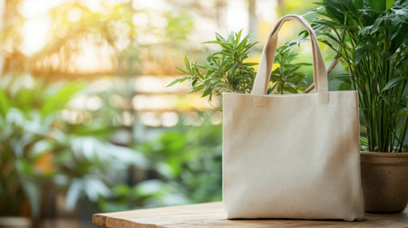 A stylish canvas bag placed on a wooden table, surrounded by vibrant greenery and plants, creating a serene and eco-friendly atmosphere perfect for lifestyle photography.の素材