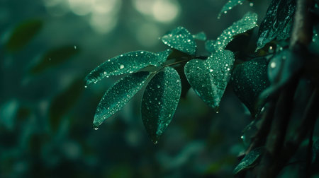 Close-up of green leaves adorned with dewdrops, set in a misty forest environment. The scene evokes tranquility and natural beauty, perfect for nature themes.の素材