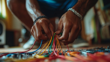 A close-up of hands skillfully connecting colorful wires in a home workspace, showcasing the creativity and craftsmanship involved in electronics and wiring tasks.の素材