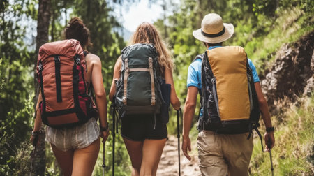 A group of friends hikes a trail in nature, enjoying the warmth of summer. They are equipped with backpacks and trekking poles, embracing adventure.の素材