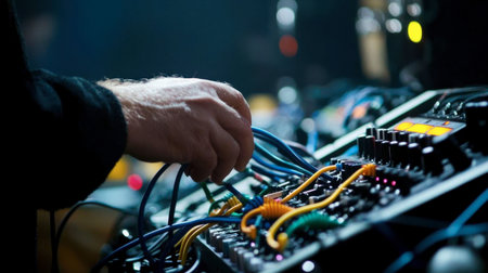 Close-up of a hand connecting colorful cables in a vibrant electronic music setup, showcasing the creativity and technology involved in sound production.の素材