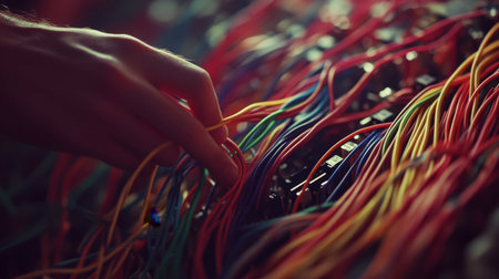 A close-up of a hand interacting with vibrant cables and connections, showcasing the complexity of technology in a dynamic setting.の素材