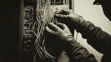 A technician works meticulously with electrical wires, showcasing expertise in maintaining technology. The monochrome effect adds a vintage touch to the scene.の素材