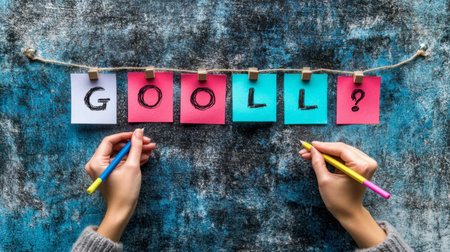 Hands holding colorful pens write on sticky notes hanging on a textured background. This image represents creativity, brainstorming, and inspiration in workspaces.の素材