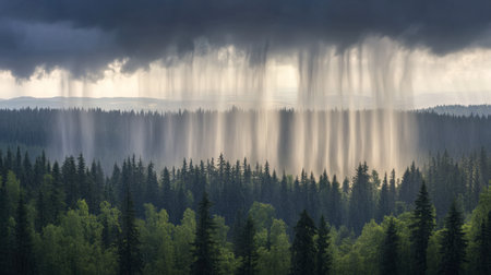 A breathtaking view of rain cascading through a dense forest, surrounded by towering trees and moody clouds, showcasing the beauty of nature's elements.の素材