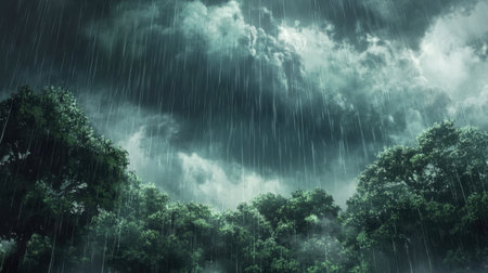 A dramatic scene depicting intense rainfall in a dark forest. Heavy clouds loom above, creating an atmospheric and serene environment. Perfect for nature themes.の素材