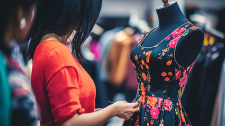 A woman is adjusting a floral dress on a mannequin in a boutique, showcasing her fashion sense and the vibrant details of the garment.の素材