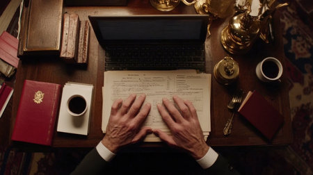 Aerial view of a professional workspace featuring hands typing on a laptop amid documents, coffee cups, and vintage books, creating a focused atmosphere.の素材