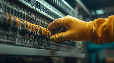 A technician wearing a protective glove works on an electrical circuit board, carefully managing connections and cables in a high-tech environment.の素材