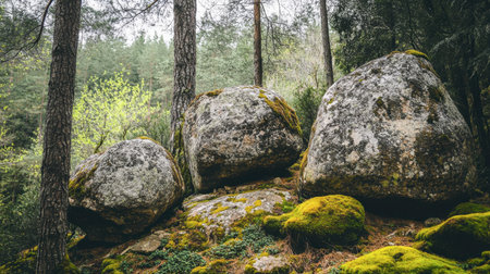 A serene forest scene featuring large moss-covered boulders, surrounded by lush greenery and tall trees. Ideal for nature and landscape themes.の素材