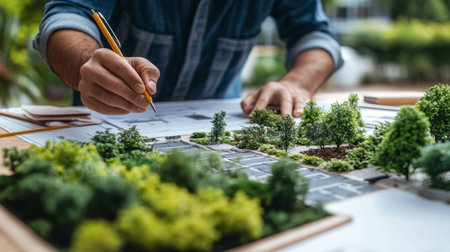A designer meticulously works on a detailed urban planning model, highlighting landscaping elements. This scene captures the creativity and precision in urban design and environmental integration.の素材