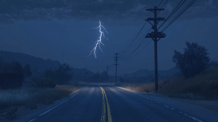 A captivating scene of a deserted road under a stormy night sky, with a brilliant lightning strike illuminating the dark landscape and power lines.の素材