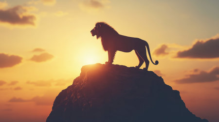 A stunning silhouette of a majestic lion standing atop a mountain at sunset. This scene captures the essence of wildlife and the beauty of nature, embodying strength and tranquility.の素材