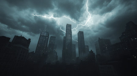 A stunning view of a city skyline illuminated by lightning against a dark and stormy sky, creating an intense atmosphere of drama and energy.の素材