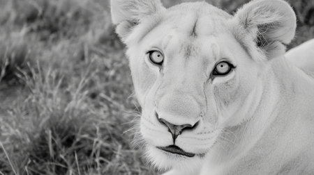 A stunning close-up portrait of a majestic white lion, showcasing its striking features and captivating gaze amidst a natural grass background.の素材