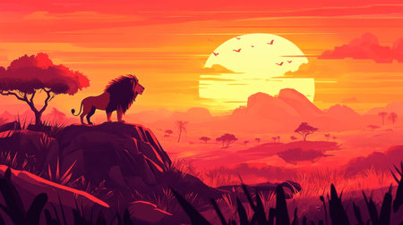 A stunning silhouette of a lion standing on rocks as the sun sets behind a vibrant landscape, capturing the beauty of the African savanna in warm colors.の素材