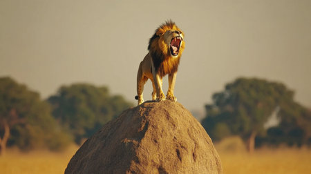 A powerful lion stands proudly on a rock, roaring into the distance. This striking image captures the essence of wildlife in a vibrant savanna landscape.の素材