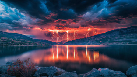 A captivating scene featuring a dramatic lightning storm illuminating the sky above a tranquil lake. The vibrant colors and reflections create a breathtaking atmosphere.の素材