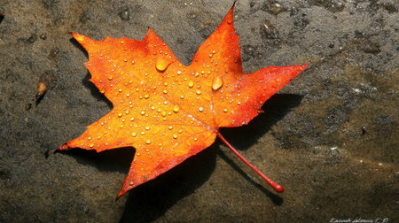 A striking close-up of a vibrant orange autumn leaf adorned with water droplets, resting on a textured surface, capturing nature's beauty and freshness.の素材
