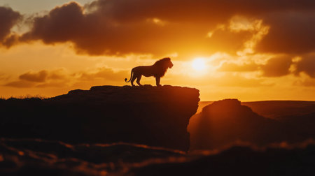 A majestic lion silhouette stands proudly on a rocky ledge during sunset, with vibrant golden light illuminating the horizon, showcasing the beauty of nature.の素材