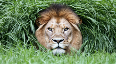 A striking close-up of a majestic lion resting among lush green grass, showcasing its powerful presence and serene gaze, perfect for wildlife enthusiasts.の素材