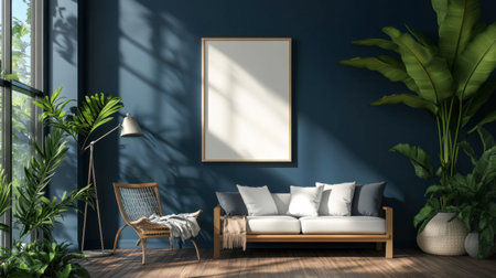 A stylish living room featuring a cozy couch, modern chair, and lush greenery. Natural light casts shadows, creating a serene and inviting atmosphere.の素材