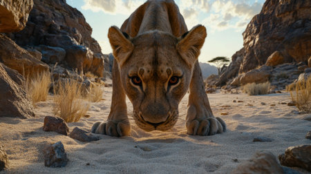 A stunning close-up of a fierce lioness stalking through a sandy desert landscape, showcasing her intense gaze and powerful presence in nature.の素材